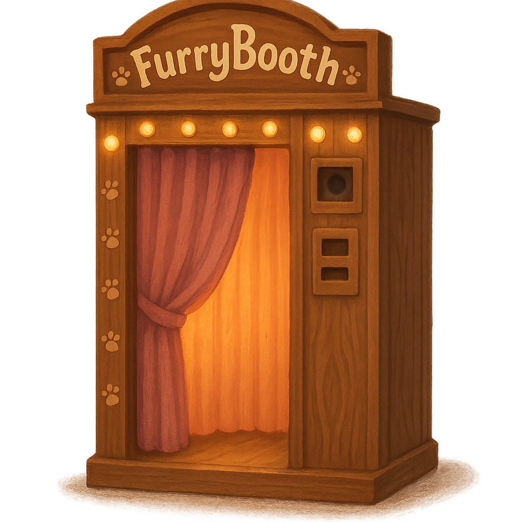 Vintage wooden pet photo booth with glowing curtain and FurryBooth sign