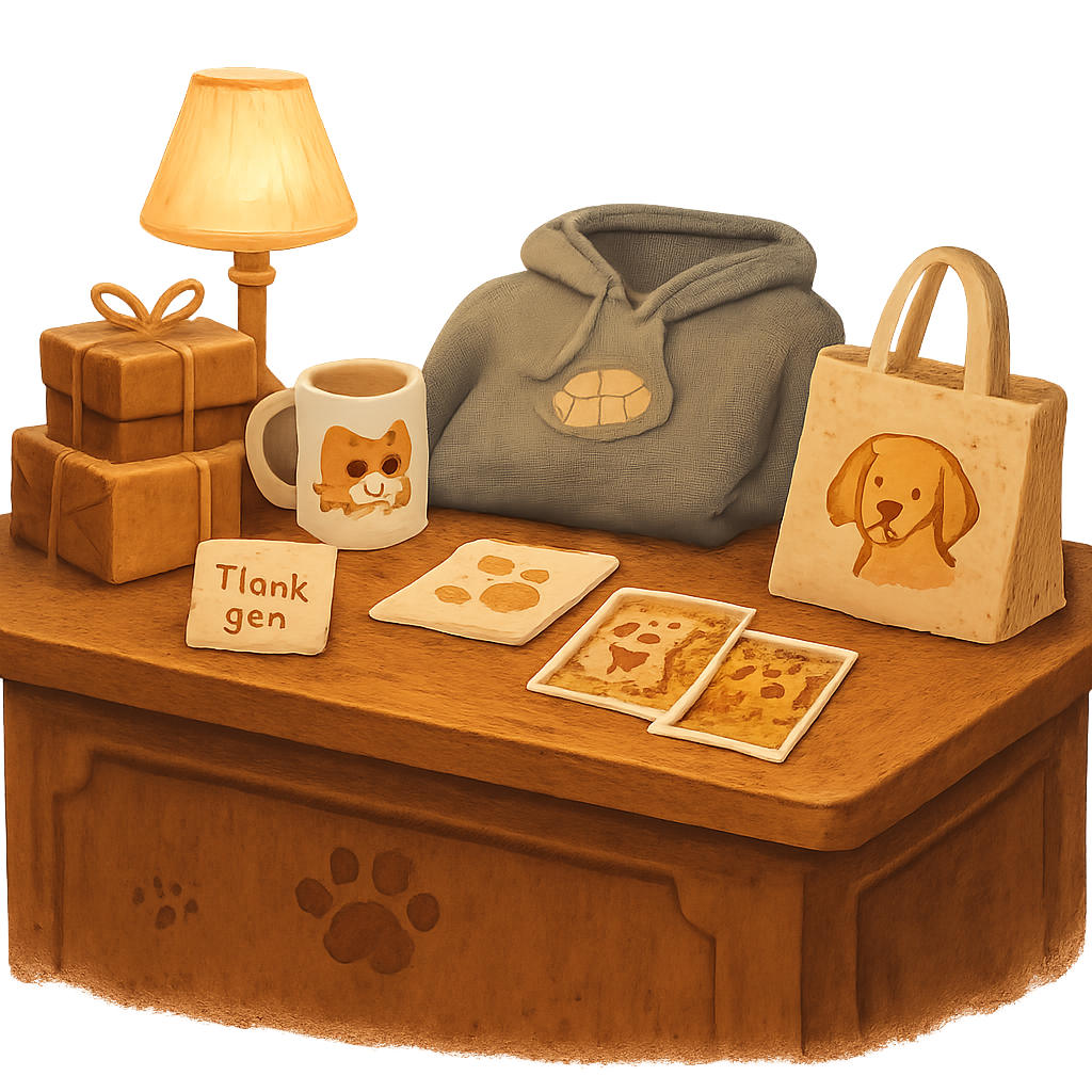 Cozy checkout counter with wrapped gift boxes, a custom pet mug, and a tote bag