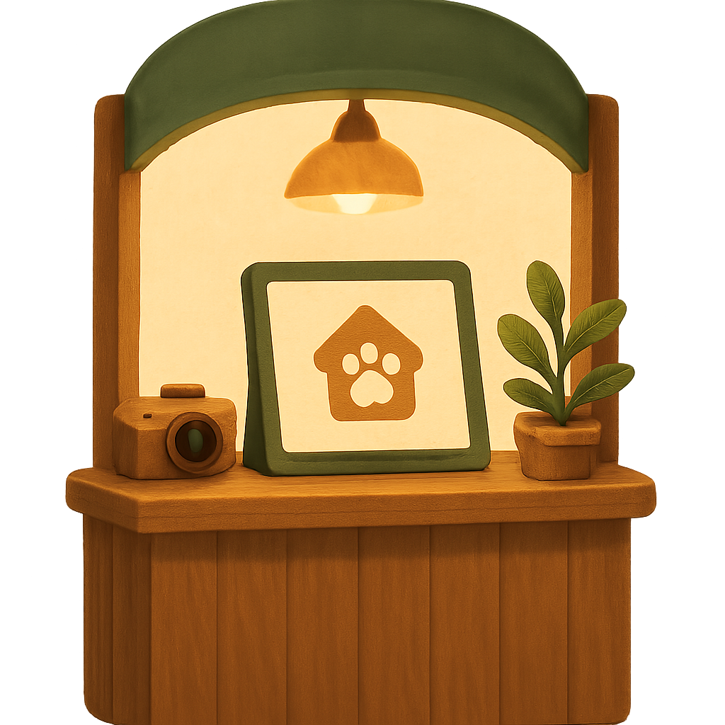 Cozy wooden upload kiosk with a paw upload icon on its screen