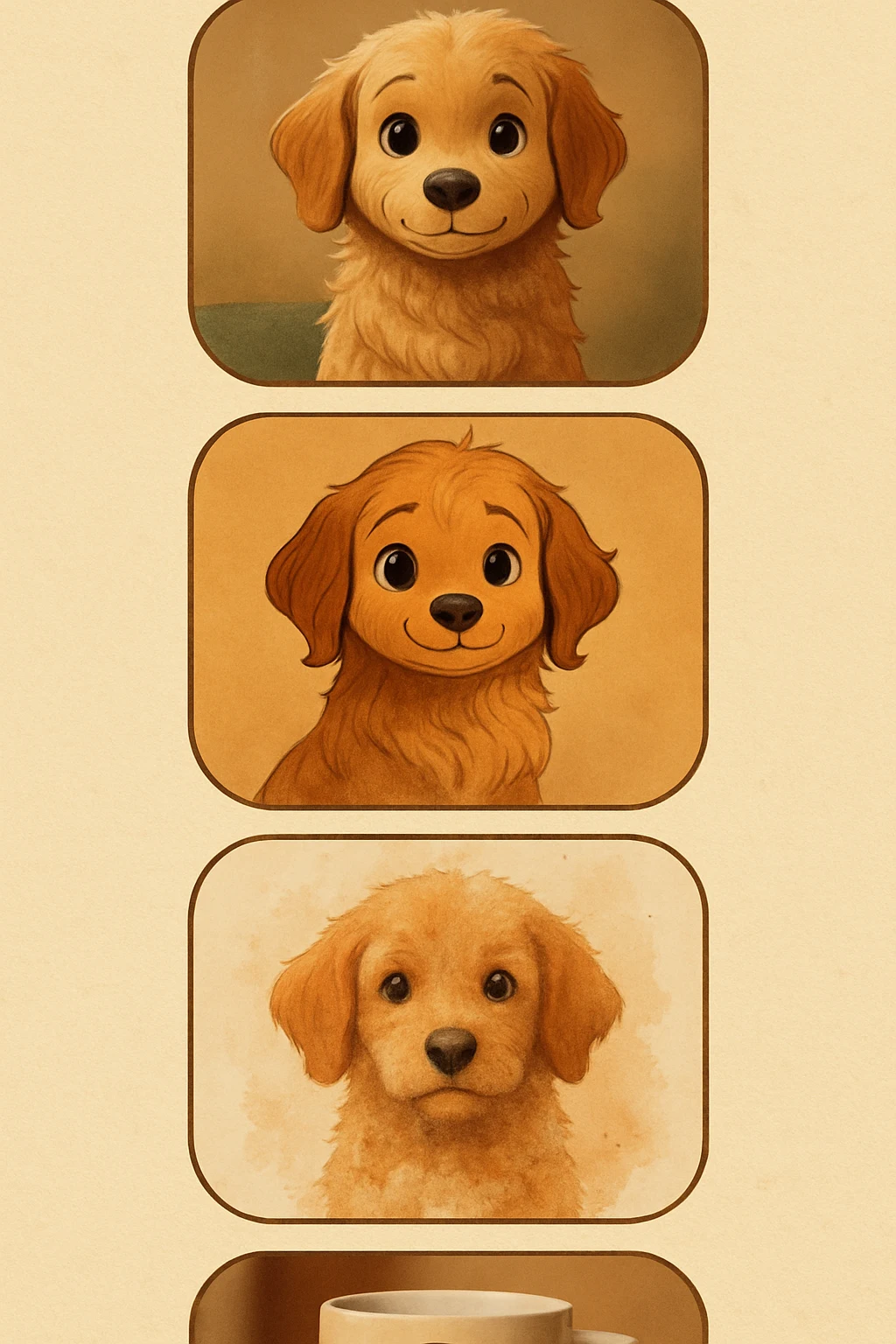 Photo strip showing a pet transforming from photo to art styles to product