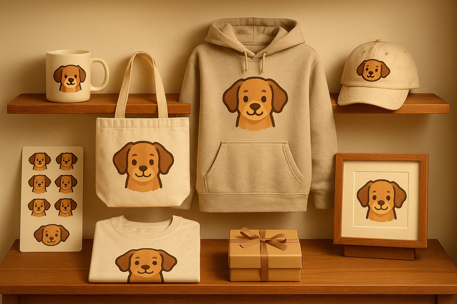 Boutique shelf displaying mugs, totes, hoodies, and framed prints with pet portraits
