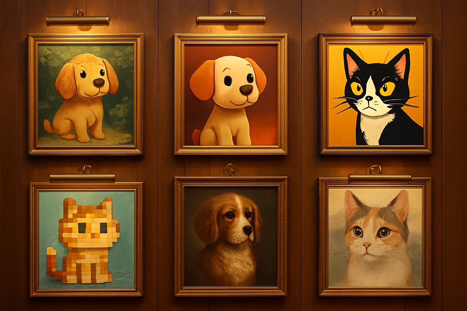 Wall of framed pet portrait samples in different art styles